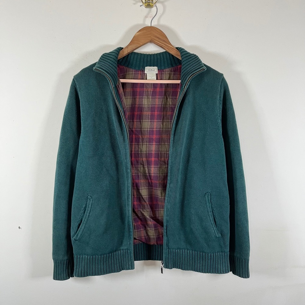 Vintage L.L. Bean Flannel Lined Knit Sweater Full Zip Green Gorpcore Cabincore M